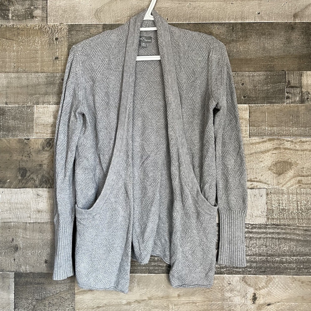 Market & Spruce Cardigan Womens Sz XS Gray Diamond Tight Knit Open Front Sweater